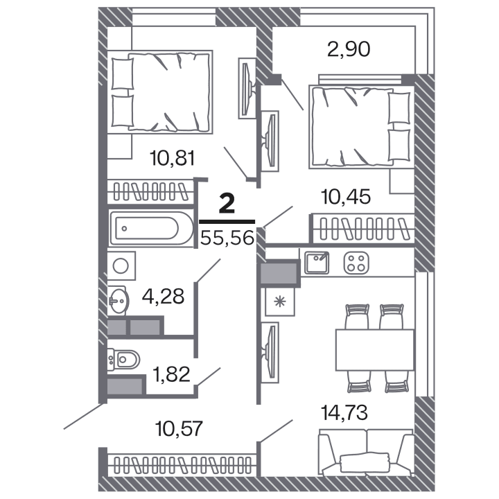 2-комнатная, 55.56 м² — изображение 1