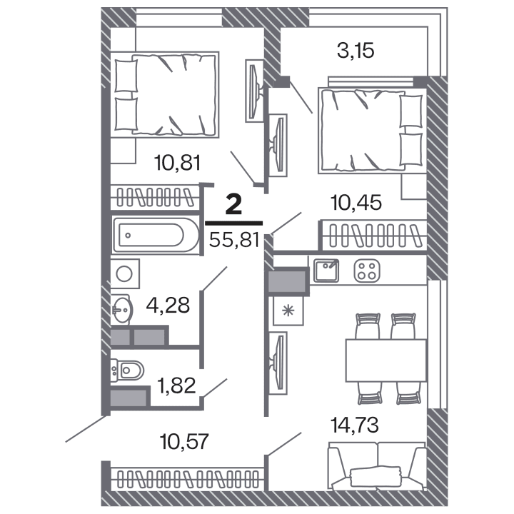 2-комнатная, 55.81 м² — изображение 1