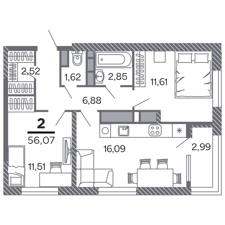 2-комнатная, 56.07 м² — изображение 1