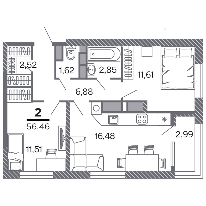 2-комнатная, 56.46 м² — изображение 1