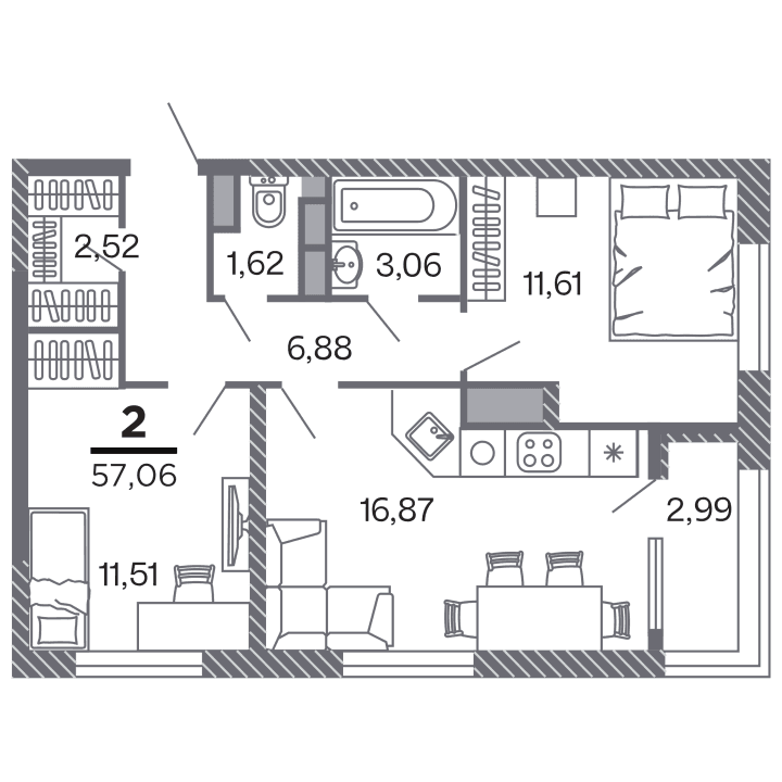 2-комнатная, 57.06 м² — изображение 1