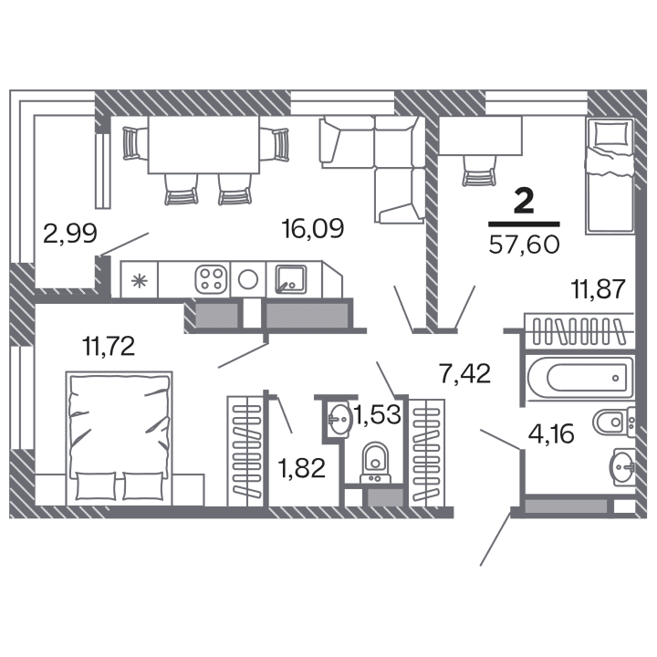 2-комнатная, 57.6 м² — изображение 1
