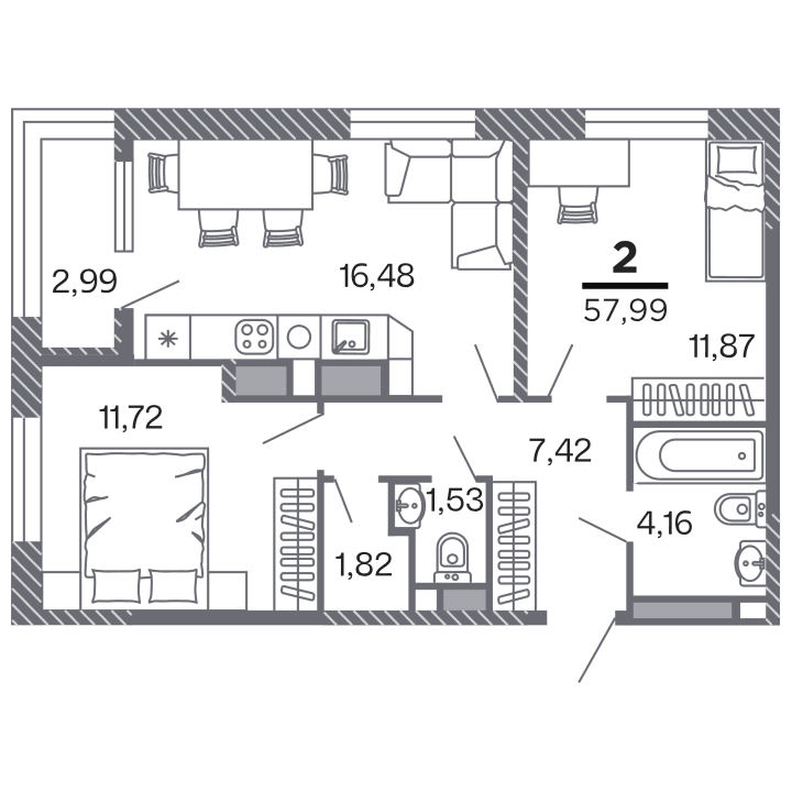 2-комнатная, 57.99 м² — изображение 1