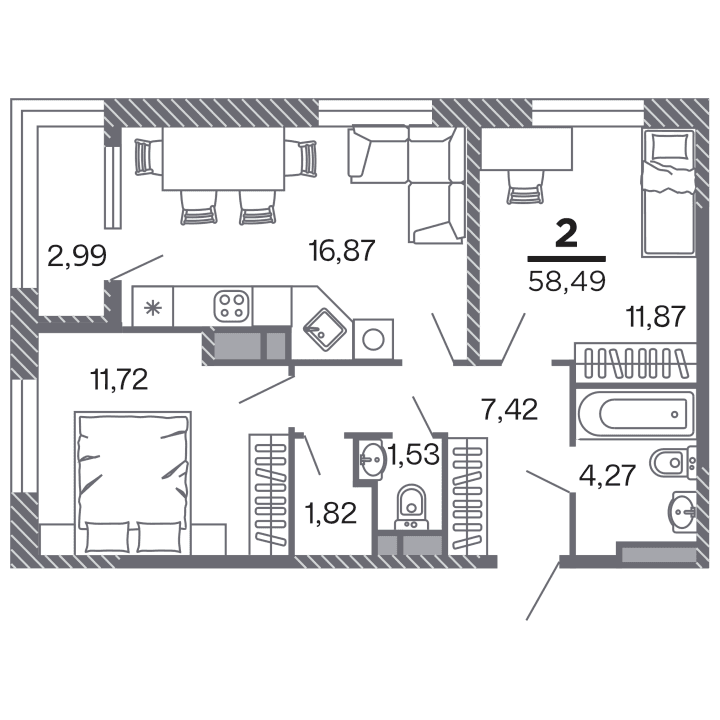 2-комнатная, 58.49 м² — изображение 1