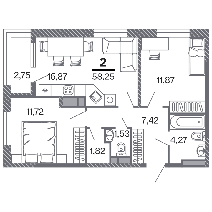 2-комнатная, 58.25 м² — изображение 1